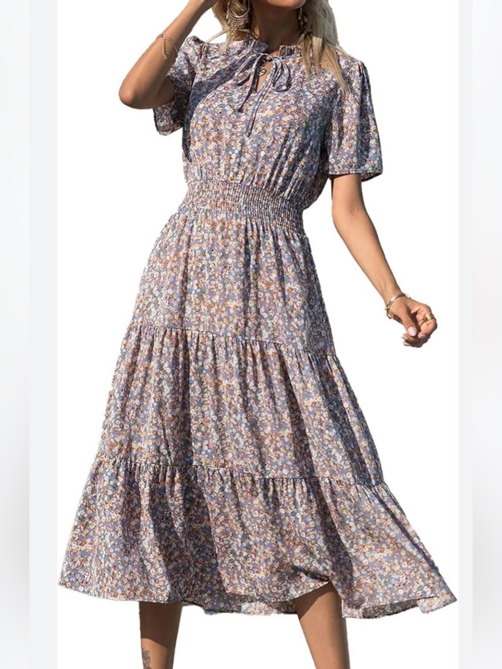 BTFBM Women's Blue Boho Floral Tie Neck Ruffle Midi Dress Size Small